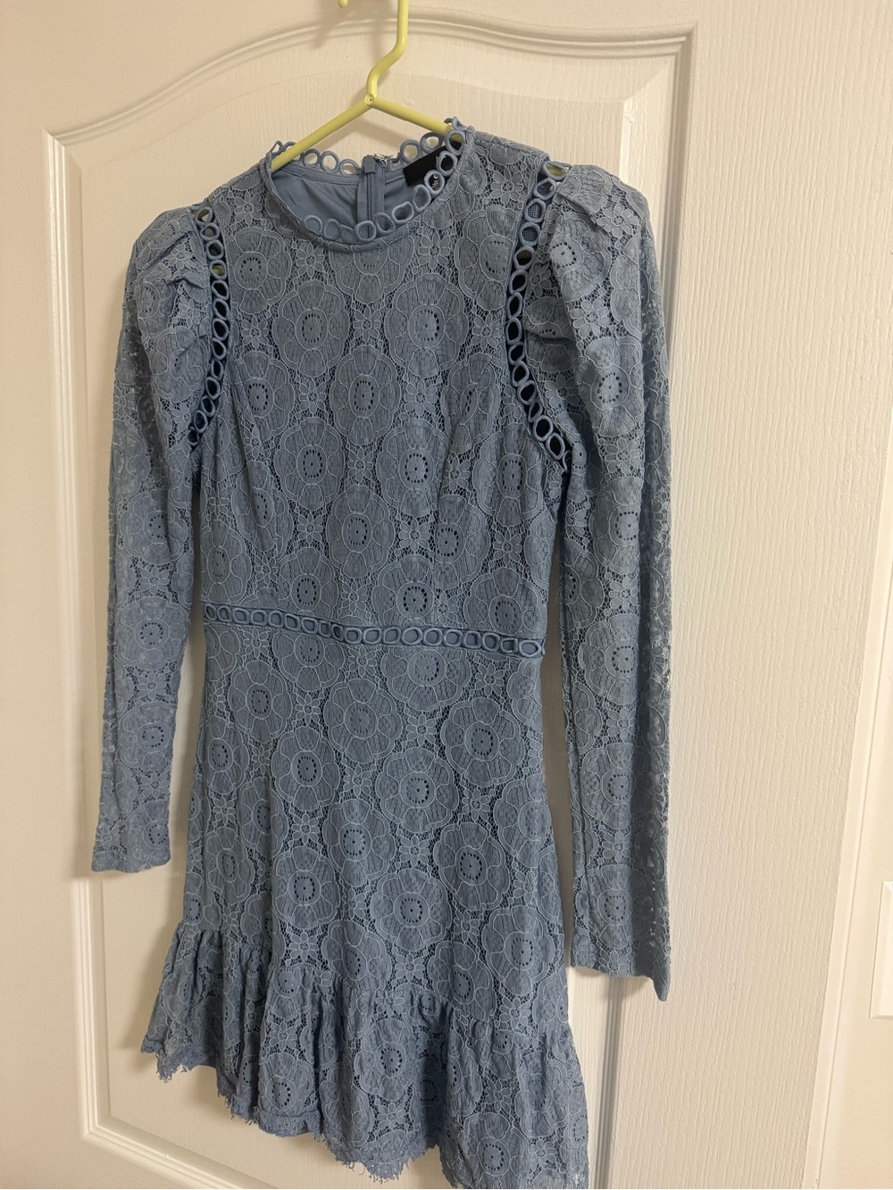Aqua Dusty Blue Lace Long-Sleeve Ruffle Hem Mini Dress - XS Wedding Dress